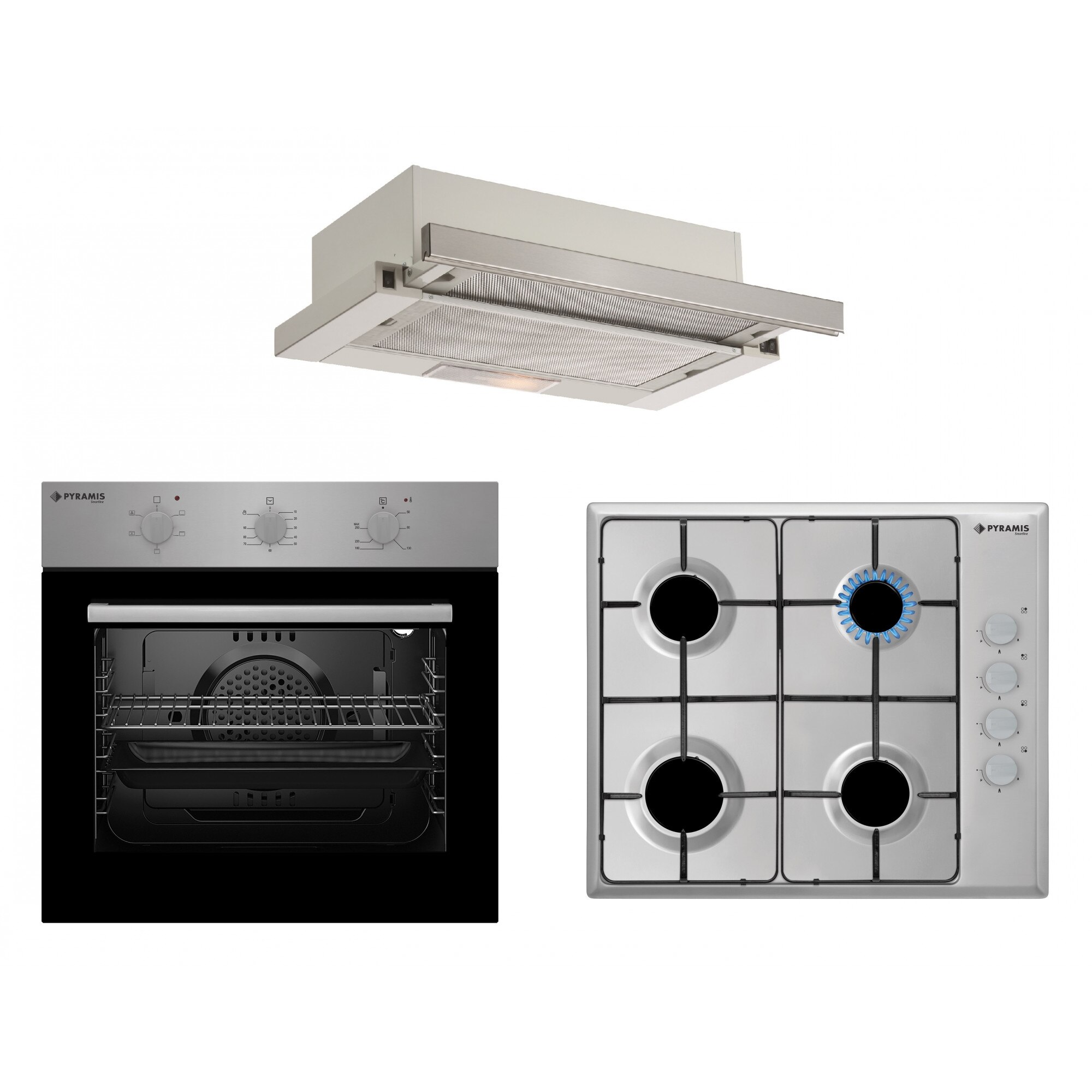 Pachet Pyramis SMARTLINE STYLE Silver Inox, cuptor electric 5 functii, plita cu gaz si hota telescopica