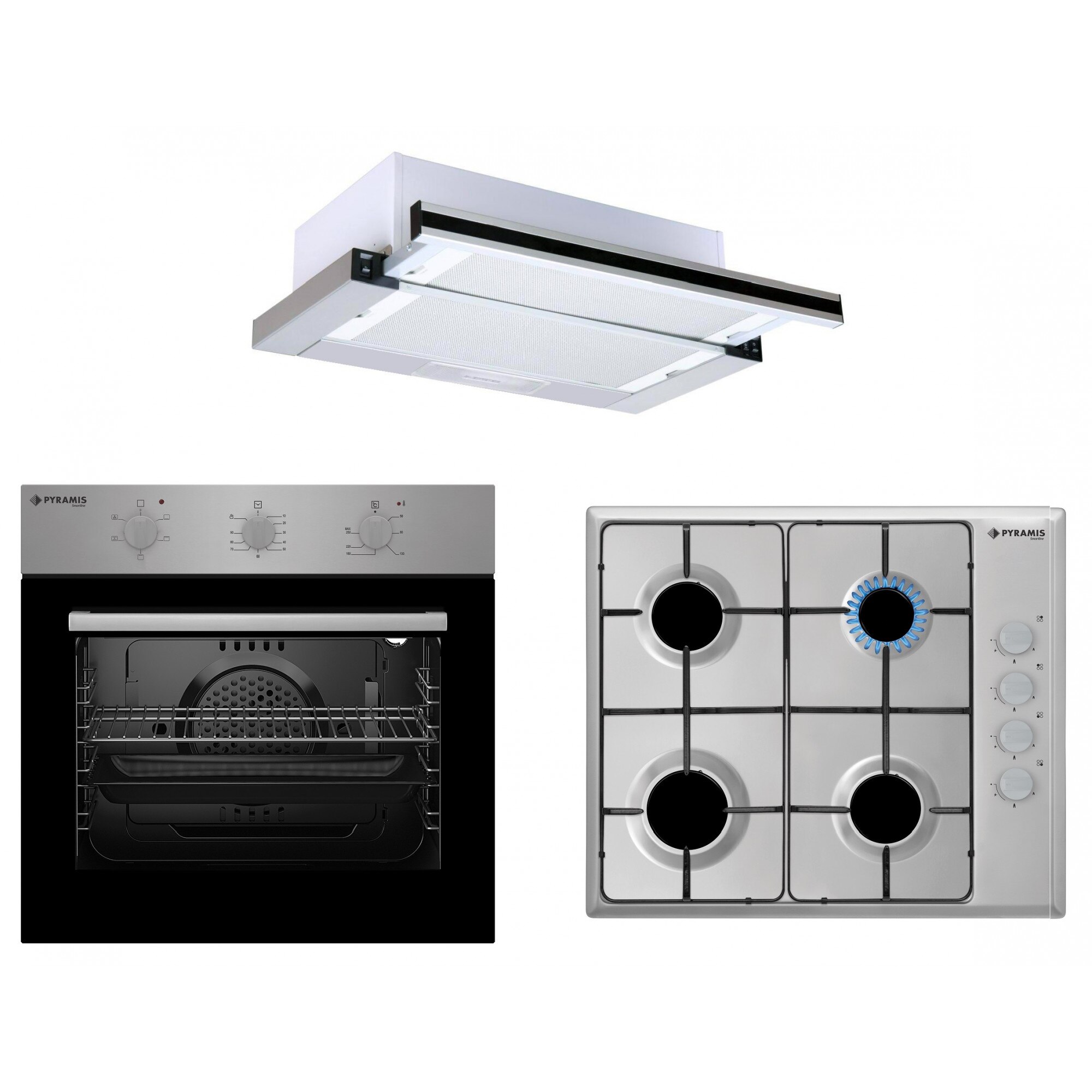 Pachet Pyramis SMARTLINE STYLE Silver Glass, cuptor electric 5 functii, plita cu gaz si hota telescopica