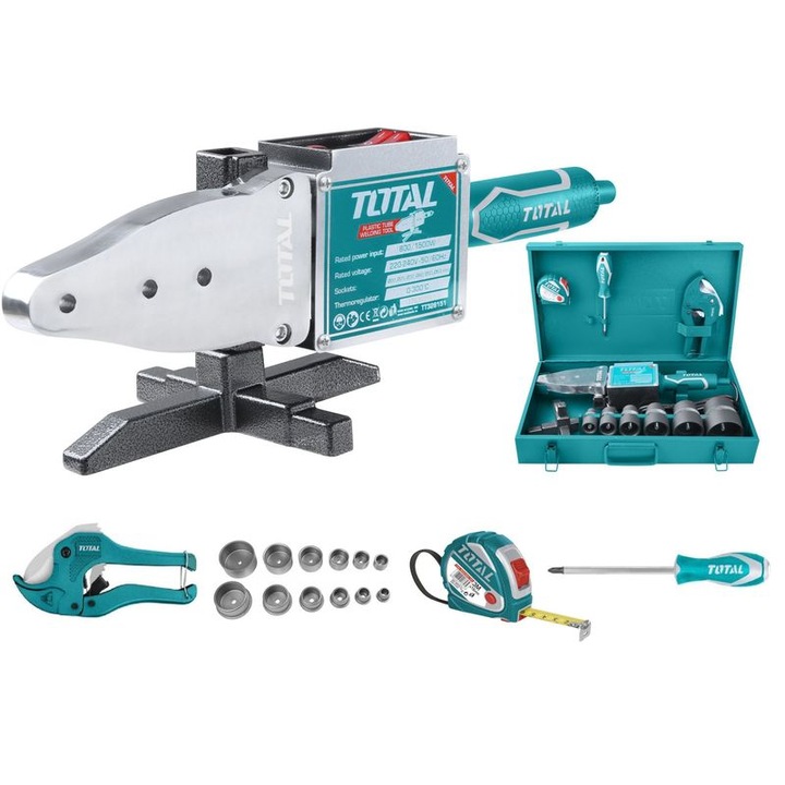 Masina de sudat tevi termoplastice PPR Total TT328151, 800 W/1500 W, regulator temperatura 0-3000°C, 6 bacuri, foarfeca taiat tevi, ruleta 3m, surubelnita, impus