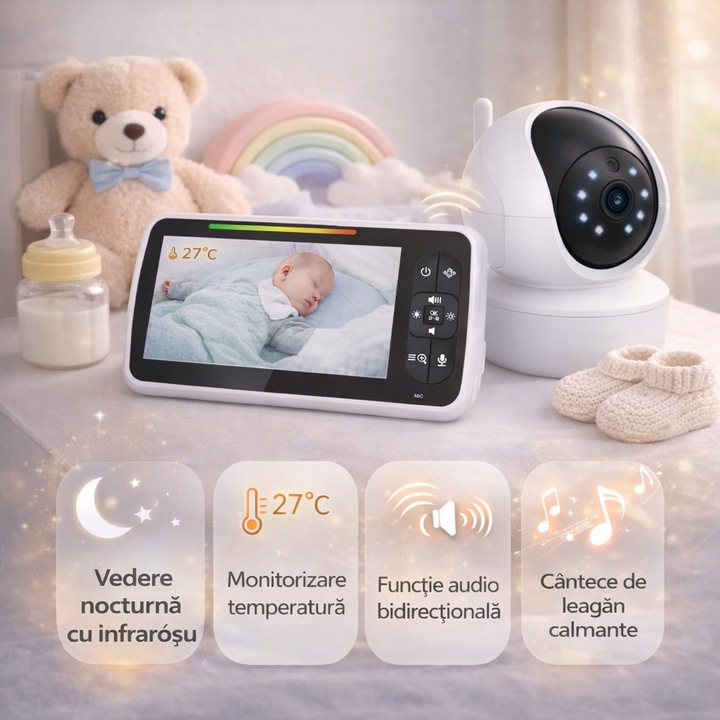 Sistem de Monitorizare Video si Audio Pentru Bebelusi Baby Angel® idealStore, Ecran LCD Color 5 inch, Vedere Noctura cu Infrarosu, Monitor de Temperatura, Posibilitate de Interactiune cu Bebelusul, Cantece de Leagan, Wireless, Momento