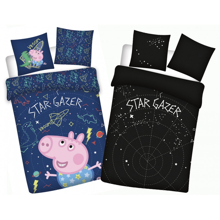 Детски спален комплект, Peppa Pig Glow in Dark Space, Плик за завивка 100x135 см, Калъфка за възглавница 40x60 см, 100% памук