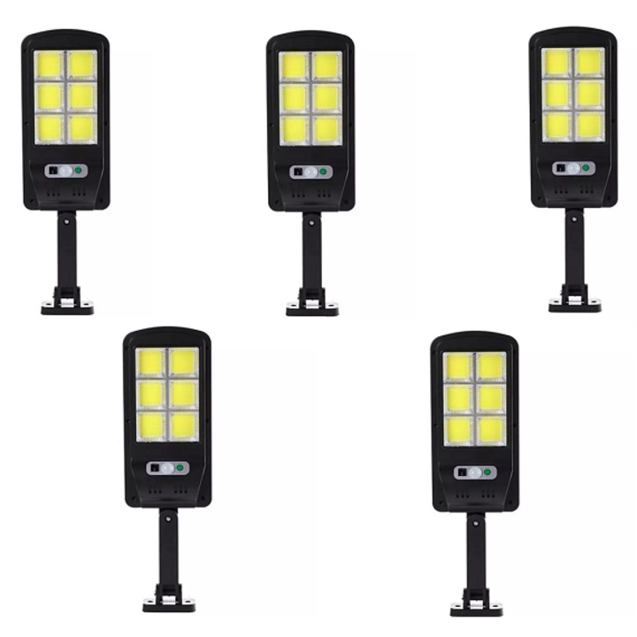 OEM 5 db-os Solar utcai lámpa készlet 6COB 120 LED, mozgásérzékelő, beépített napelem, rögzítőkar mellékelve, távirányító több funkcióval a fényerősség és a működési idő beállításához, IP65 vízálló, fekete