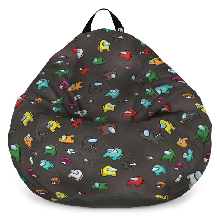 Fotoliu Updeco Puf Bean Bag tip Para L, impermeabil, indoor/outdoor, sac interior, cu maner, 80 x 80 x 55 cm, Among Us Negru