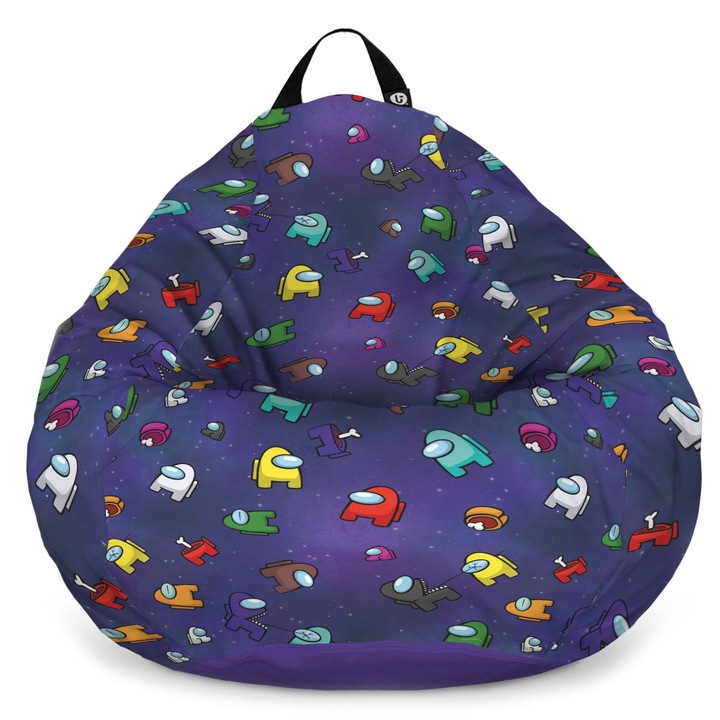 Fotoliu Updeco Puf Bean Bag tip Para XL, impermeabil, indoor/outdoor, sac interior, cu maner, 90 x 90 x 60 cm, Among Us Albastru
