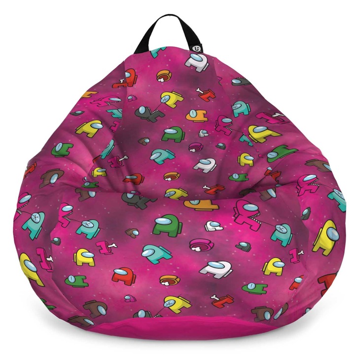Fotoliu Updeco Puf Bean Bag tip Para L, impermeabil, indoor/outdoor, sac interior, cu maner, 80 x 80 x 55 cm, Among Us Magenta