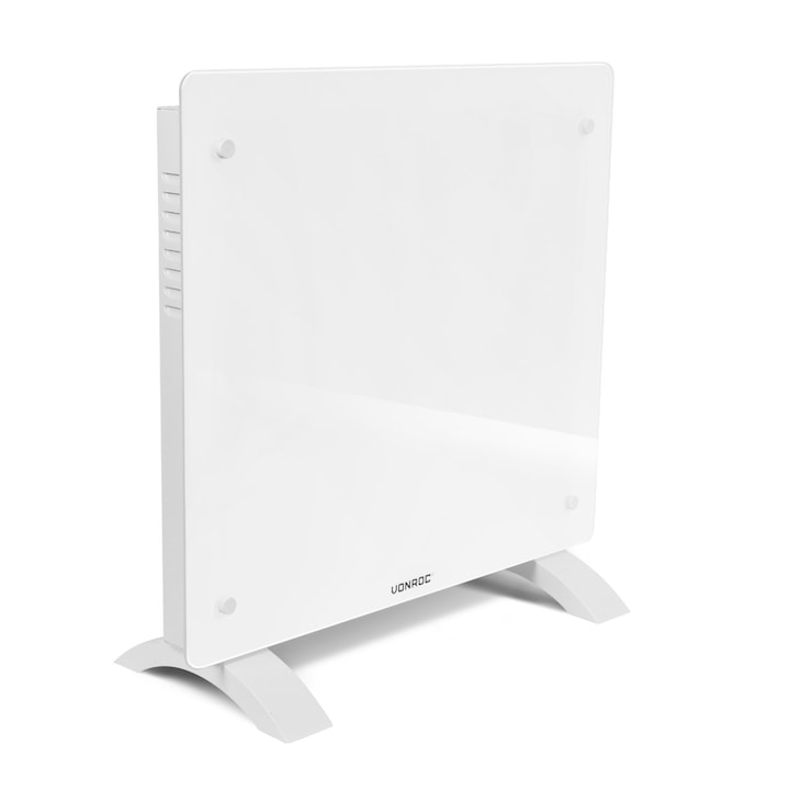 Convector cu panou de sticla VONROC CH510AC_WHITE, control prin WIFI, putere1000W, IP24, alb, suport de podea si perete, termostat reglabil, 52x47x7,5cm, temporizator, potrivit pentru incaperi de pana la 12m2