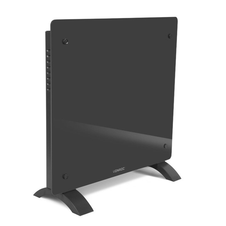 Convector cu panou de sticla VONROC CH510AC_GREY, control prin WIFI, putere 1000W, IP24, gri, suport de podea si perete, termostat reglabil, 52x47x7,5cm, temporizator, potrivit pentru incaperi de pana la 12m2