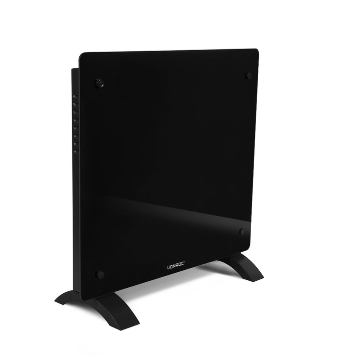 Convector cu panou de sticla VONROC CH510AC, control prin WIFI, putere1000W, IP24, negru, suport de podea si perete, termostat reglabil, 52x47x7,5cm, temporizator, potrivit pentru incaperi de pana la 12m2