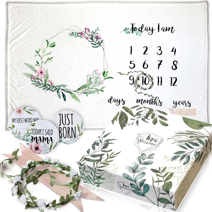 Paturica aniversara in cutie eleganta, InaVerbina®, Baby Milestone Blanket material fleece extra pufoasa si fina, mare 100x150cm alba, plus 3 stickere, produs de calitate pentru gravide si nou nascuti