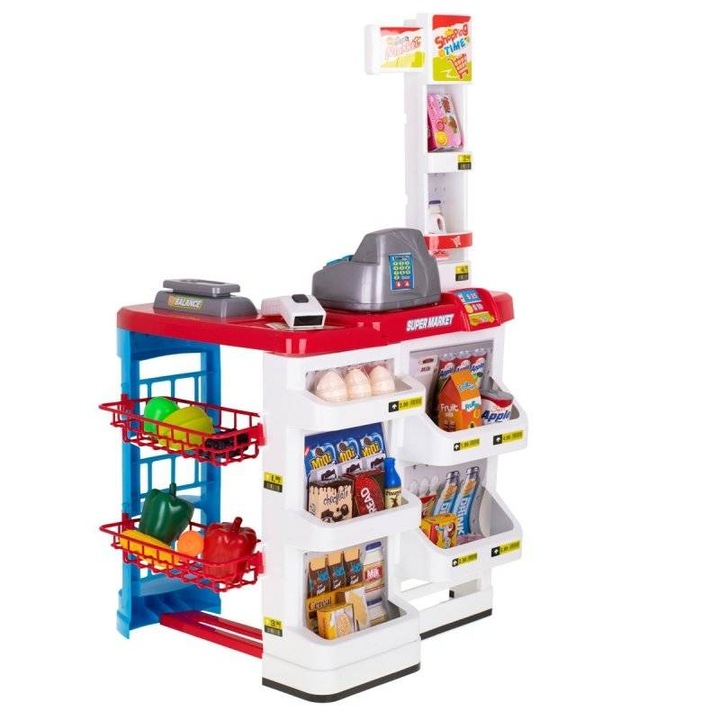 Szupermarket árleolvasóval és pénztárgéppel, kiegészítőkkel, fehér/piros, 41x/50x82cm, 3+