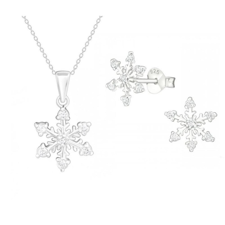 Set argint 925 cercei si colier Fulg de Nea Craciun, Boutique23, cutie bijuterii, argintiu