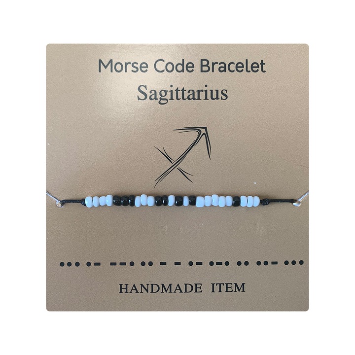 Bratara cu cod morse zodiac sagetator, argintiu, creata manual, neagra, EFAYN, unisex