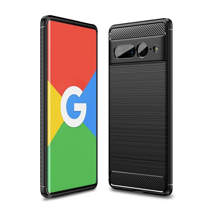 Husa de silicon pentru Google Pixel 7 Pro, Fibra de Carbon, Negru