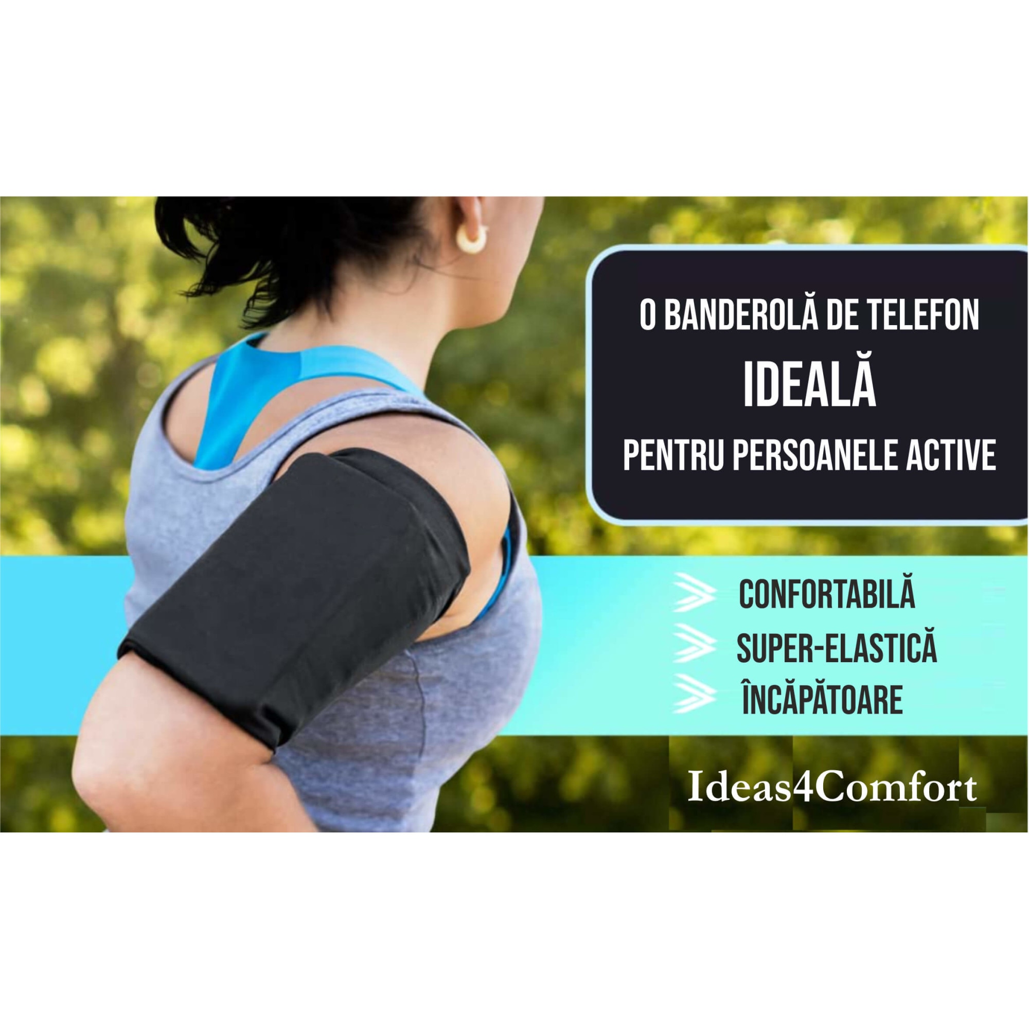 Husa banderola telefon pentru brat/mana alergat, sala, plimbari, yoga, jogging, Ideas4Comfort, MARIMEA L, negru