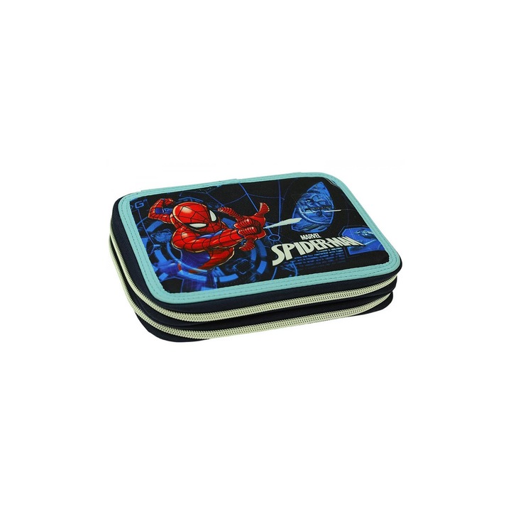 Оборудван моливник, Спайдърмен, 2 отделения, 27 части, Син, многоцветен