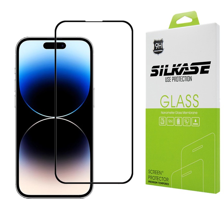 Стъклен протектор SILKASE, За Apple iPhone 14 Pro, Full Glue, Full display, Черен