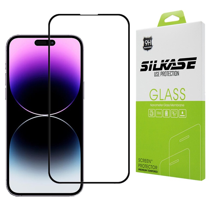 Стъклен протектор SILKASE за Apple iPhone 14 Pro Max, Full Glue, Full display, Черен