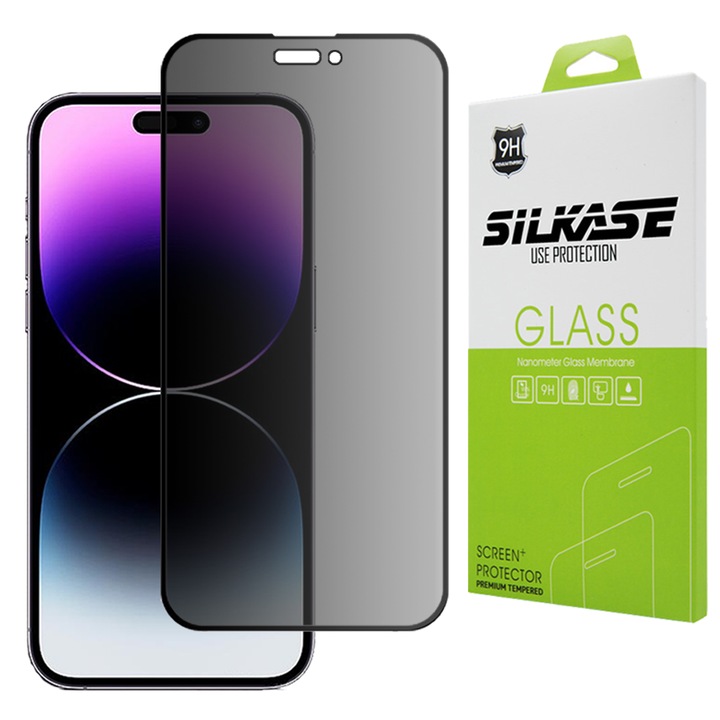 SILKASE adatvédelmi üvegfólia Apple iPhone 14 Pro Max készülékhez, Full Glue, Full Display, fekete
