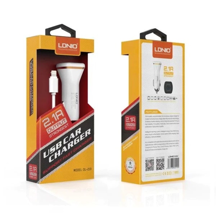 Töltő LDNIO DL-219 SS000158, 12V / 2.1A, C kábel Lightning, 2-USB kimenet, iPhone-hoz, iPad-hez, Fehér