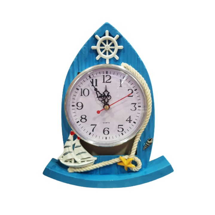 Часовник, Лодка, Настолен, Дървен, Син, 22х18 см