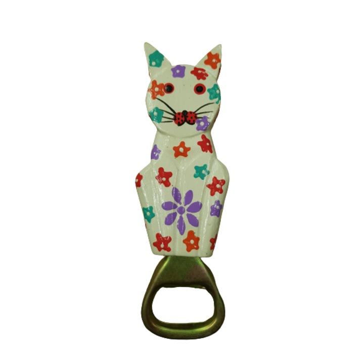 Отварачка Ahelos, Коте, Дървена, Ръчно рисувана, 12 см, Бял