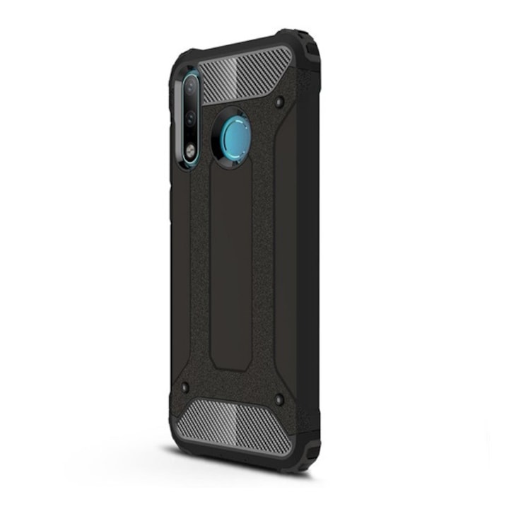 Mobiltelefon tok, kompatibilis, Huawei P30 Lite (Nova 4e) Gigapack defender műanyag telefonvédő (ütésállóság, légpárnás sarok, szilikon belső, fémhatás) fekete, gigapack csomagolás