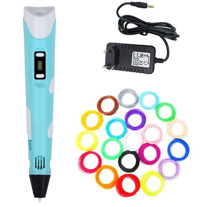 3D химикалка, Acdolf, 1.75мм, Дигитален дисплей, 160-230 C, Съвместима с ABS/PLA, Синя