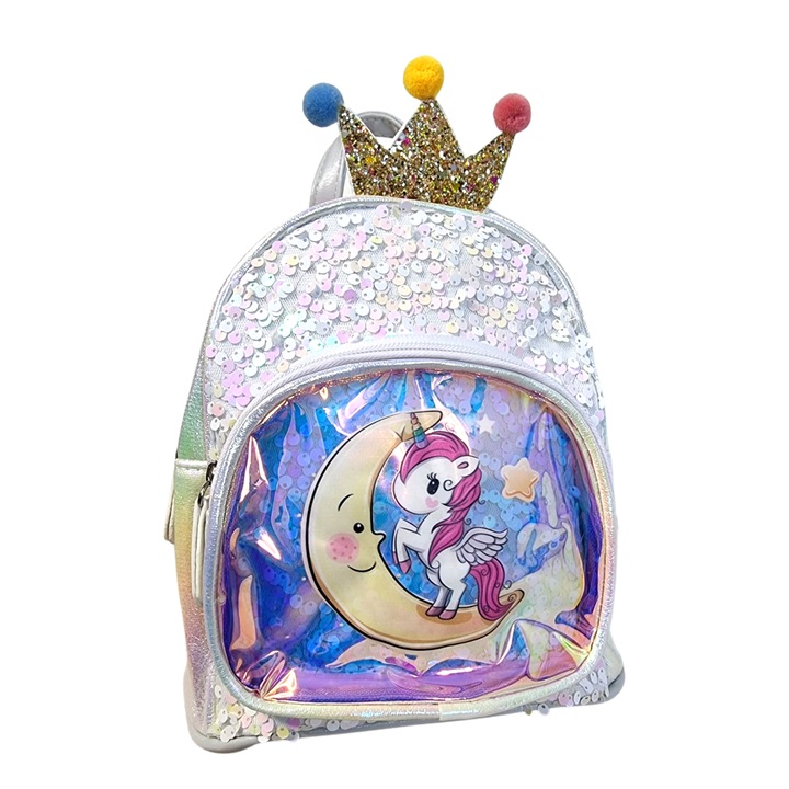 Ghiozdan fetite, Unicorn, Alb, 23x21x11, 2 compartimente, paiete si barete ajustabile