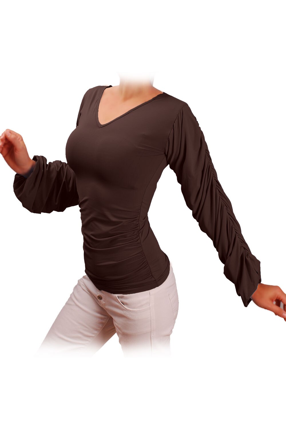 Bluza cu maneci lungi cu fronseuri Ivanel, Maro inchis, S, Maro inchis