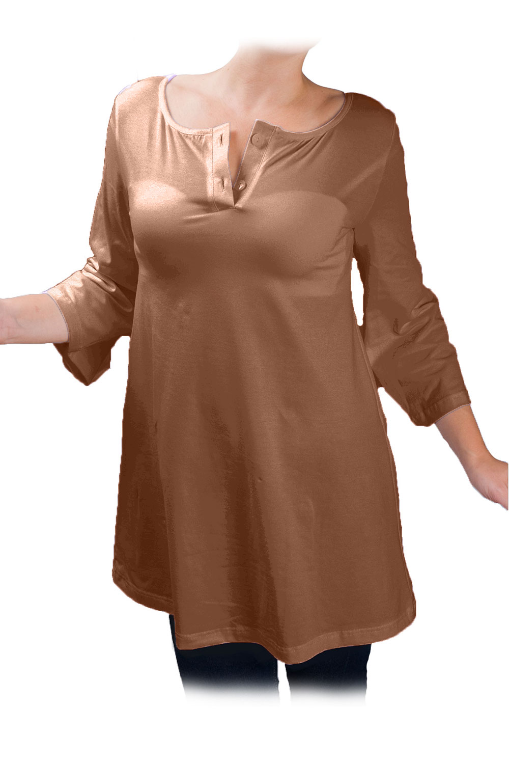Tunica pentru femei cu maneca 3/4 si decolteu cu nasturi, Ivanel , Maro deschis, XL, Maro deschis