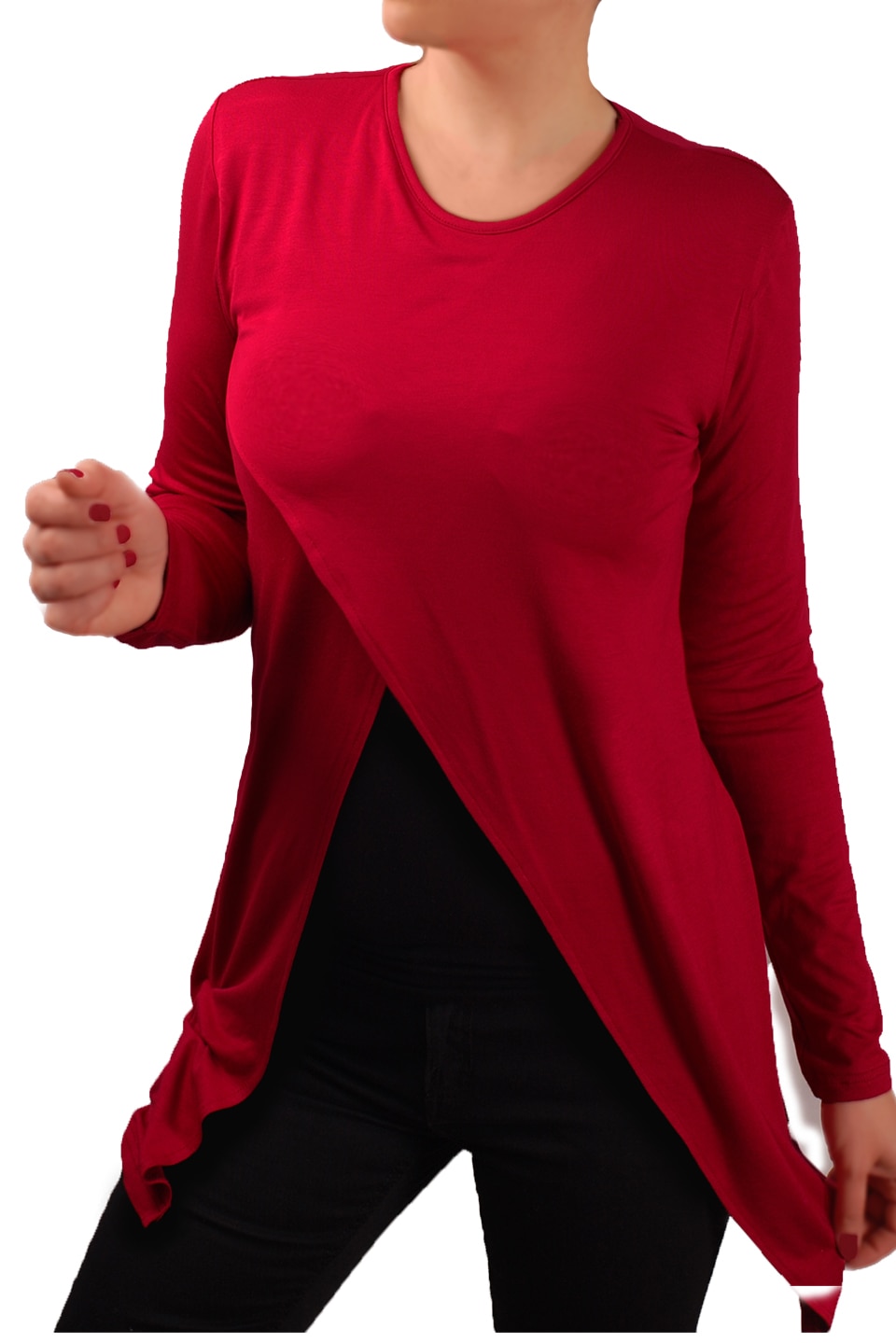 Tunica pentru femei cu maneca lunga si decolteu rotund, Ivanel, Rosu inchis, L, Rosu inchis