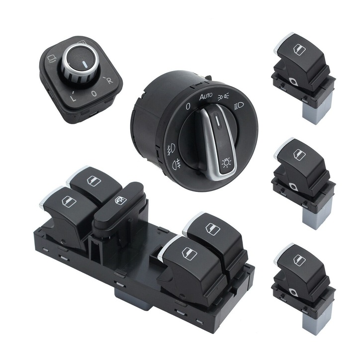 Set 6 buc comutatoare auto, pentru Volkswagen Passat B6, B7, CC, Eos, JETTA, Golf 5/6, Tiguan, Touran, Plastic, Negru/Chrom