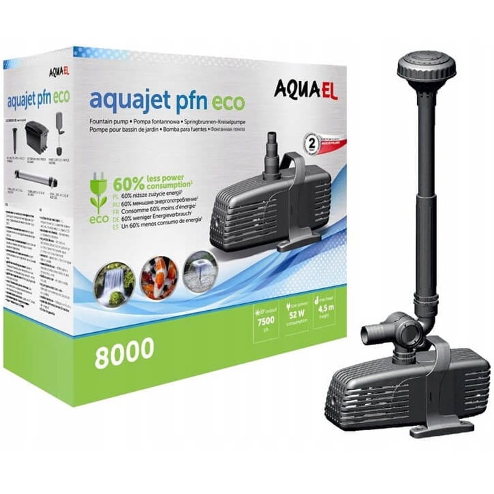 Pompa submersibila pentru fantana arteziana, Aquael, 7500l, 52W, Negru