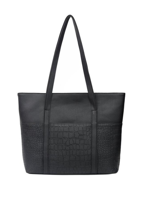 Geanta de dama Olivia neagra din piele ecologica cu model croco, 43 x 39 x 11 cm