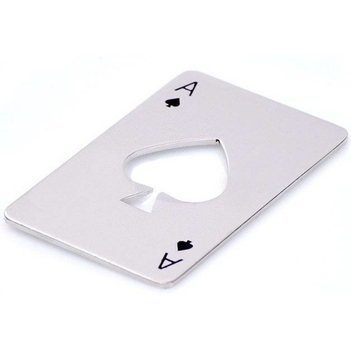 Sörnyitó, palacknyitó, KIK, fém, játékkártya modell, 8,2 cm x 5,3 cm x 1 mm, ezüst
