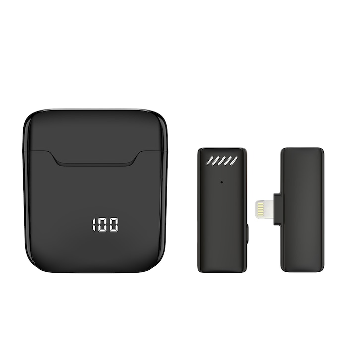 ULTIVON Professzionális vezeték nélküli csipeszes mikrofonok, Lightning, Plug & Play, 80 mAh, 6 órás autonómia, zajszűrő, mindenirányú, visszhang, iPhone, iPad, fekete