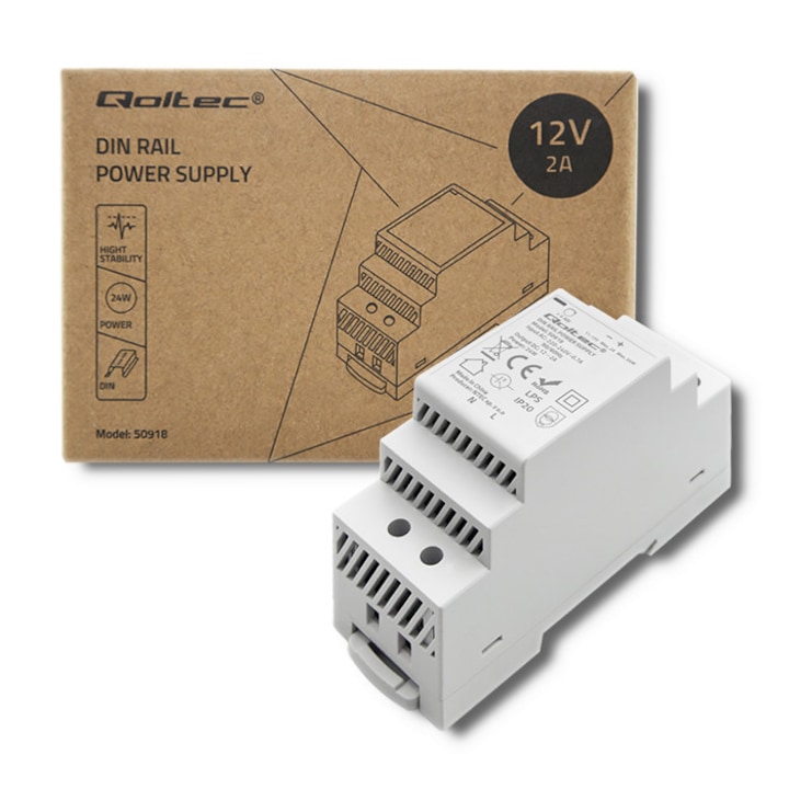Alimentare Pentru Sina Din, Qoltec, 24W, 12V, 2A, Gri, Sursa De Alimentare Pentru Sina Din, Gri, 24W, Protectie La Supratensiune Si Scurtcircuit, IP20