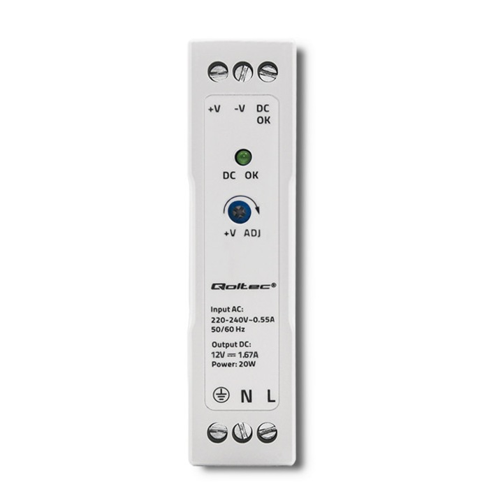 Sursa Alimentator Qoltec 50908, Montaj Sina DIN, 20W, Iesire 12V 1.67A ...