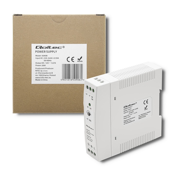 Sursa Alimentator Qoltec 50908, Montaj Sina DIN, 20W, Iesire 12V 1.67A, Intrare 220-240V, Protectii Multiple, Compact, Eficienta 77%, Reglaj Tensiune, Ideal Automatizari Industriale, Alb