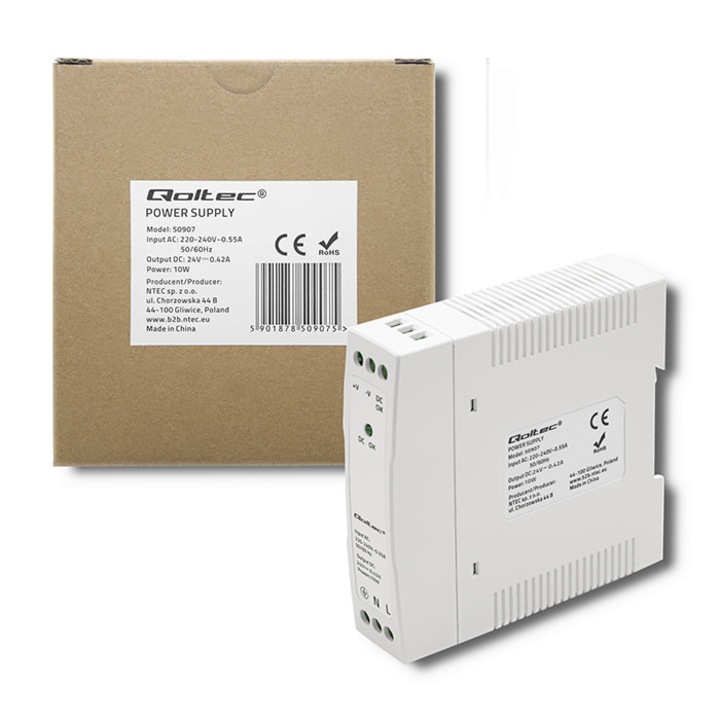 Alimentator Sursa Qoltec 50907 Profesional Pe Sina DIN TS35, Putere 10W, Tensiune Iesire 12V, Curent 0.42A, Design Slim Compact, Protectii Integrate, Instalare Rapida, Versatil pentru Aplicatii Industriale si Iluminat LED