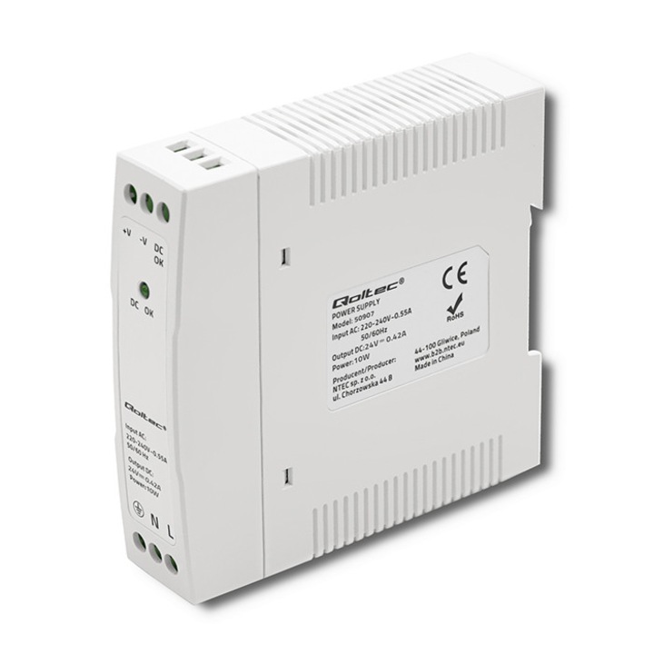 Din Rail tápegység, Qoltec, 50907, Teljesítmény: 10 W, Bemeneti feszültség: 220 - 240 V, Kimeneti feszültség: 12 V, Kimeneti áram: 0,42 A, Méretek: 100 x 23 x 90 mm, Fehér színű