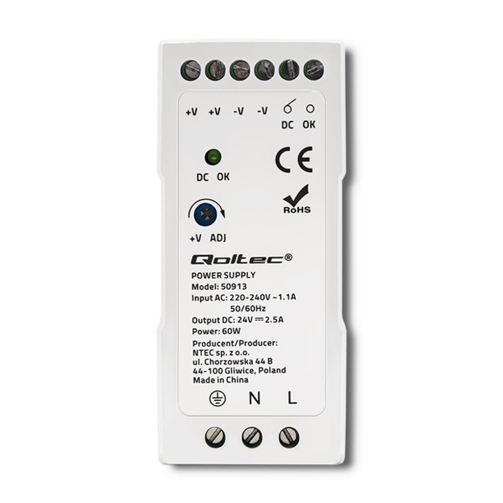 Sursa de Alimentare Qoltec 50913 60W 24V 2.5A, Slim, Montaj pe Sina DIN, cu Protectii Multiple, Eficienta 86%, pentru Automatizari si Aplicatii Industriale, Culoare Alba, Tensiune Intrare 220-240V