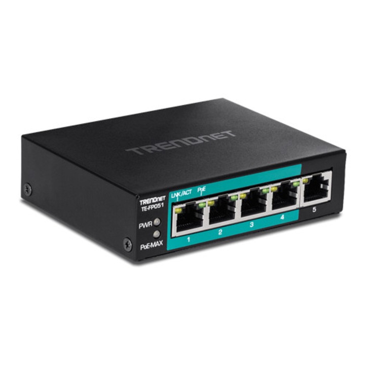 Switch 4 porturi Gyors Ethernet Nagy hatótávolság 250m PoE+ 60W, 1 port Fast Ethernet - TRENDnet TE-FP051