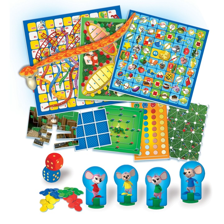 Set 10 jocuri in 1 cu Nu te supara, frate, Serpi & Scari, X si O, Goana dupa branza, Razboi, Tetris, Puzzle, 3 in serie, Soriceii gemeni, Cursa soriceilor, ATS