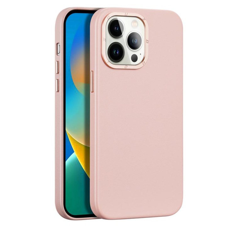 DuxDucis GRIT bőr tok kompatibilis iPhone 14 Pro Max, MagSafe, Pink telefonnal