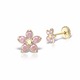 Обеци за момиче, розови камъни на цветя, жълто злато 14К