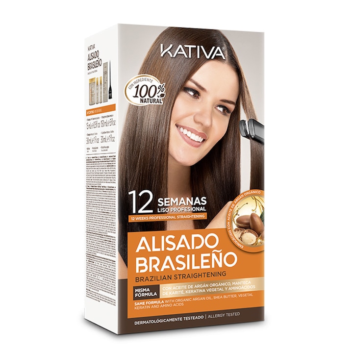 Комплект бразилско изправяне за коса KATIVA, Натурален продукт, Терапия за домашна употреба, С Кератин, 4 бр