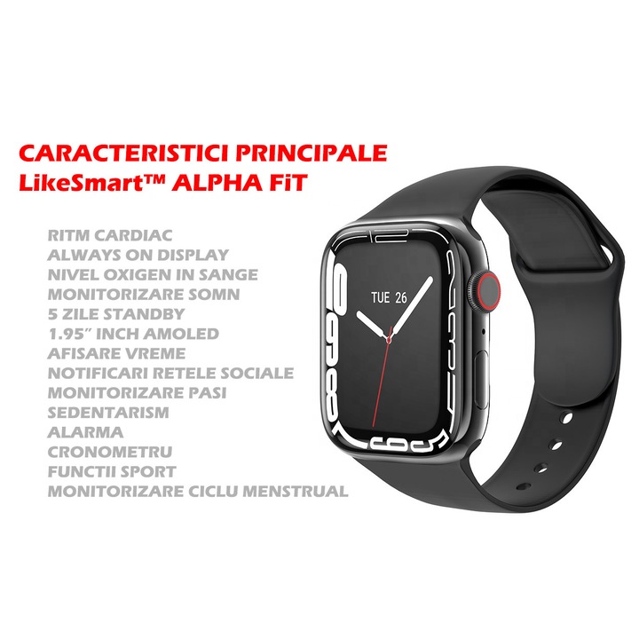 SmartWatch ISP LikeSmart™ Alpha FiT, 1,95", Bluetooth разговор, SpO2 оксиметър, меню на румънски език, известия за обаждания и социални мрежи, мониторинг на сърдечната честота и кръвното налягане, силиконова каишка Alpha Black