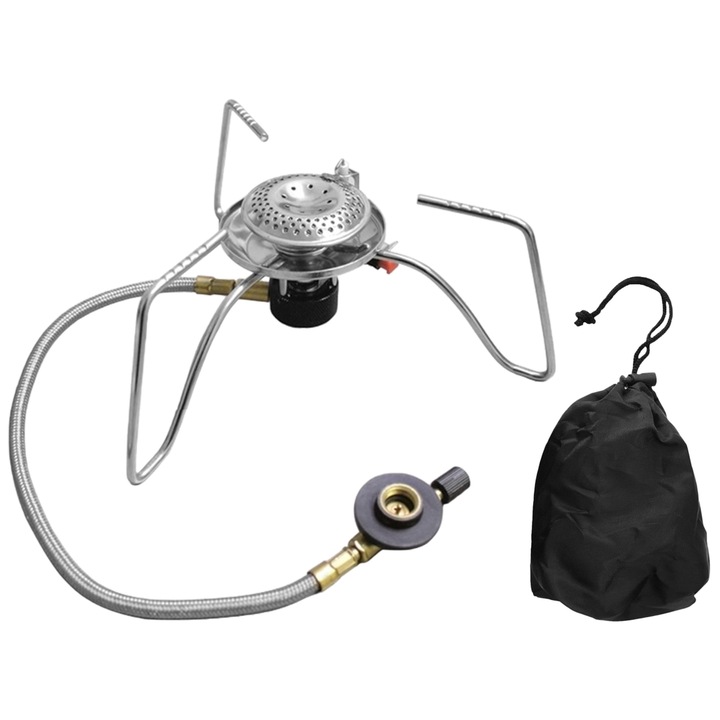 Aragaz camping cu furtun, MIL-TEC, Otel, 3500 W, 18x18x8.6 cm, Argintiu