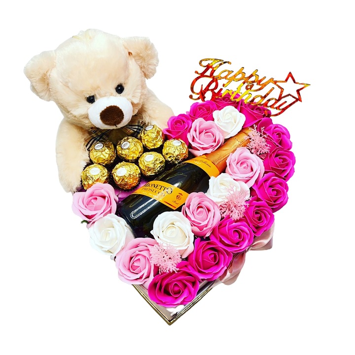 Cutie Cadou Chocobox, Inima, Trandafiri, Prosseco, Ursulet si Ferrero Rocher